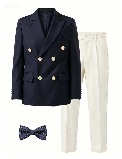 Navy Double-Breasted suit with Ivory trousers 3 piece set